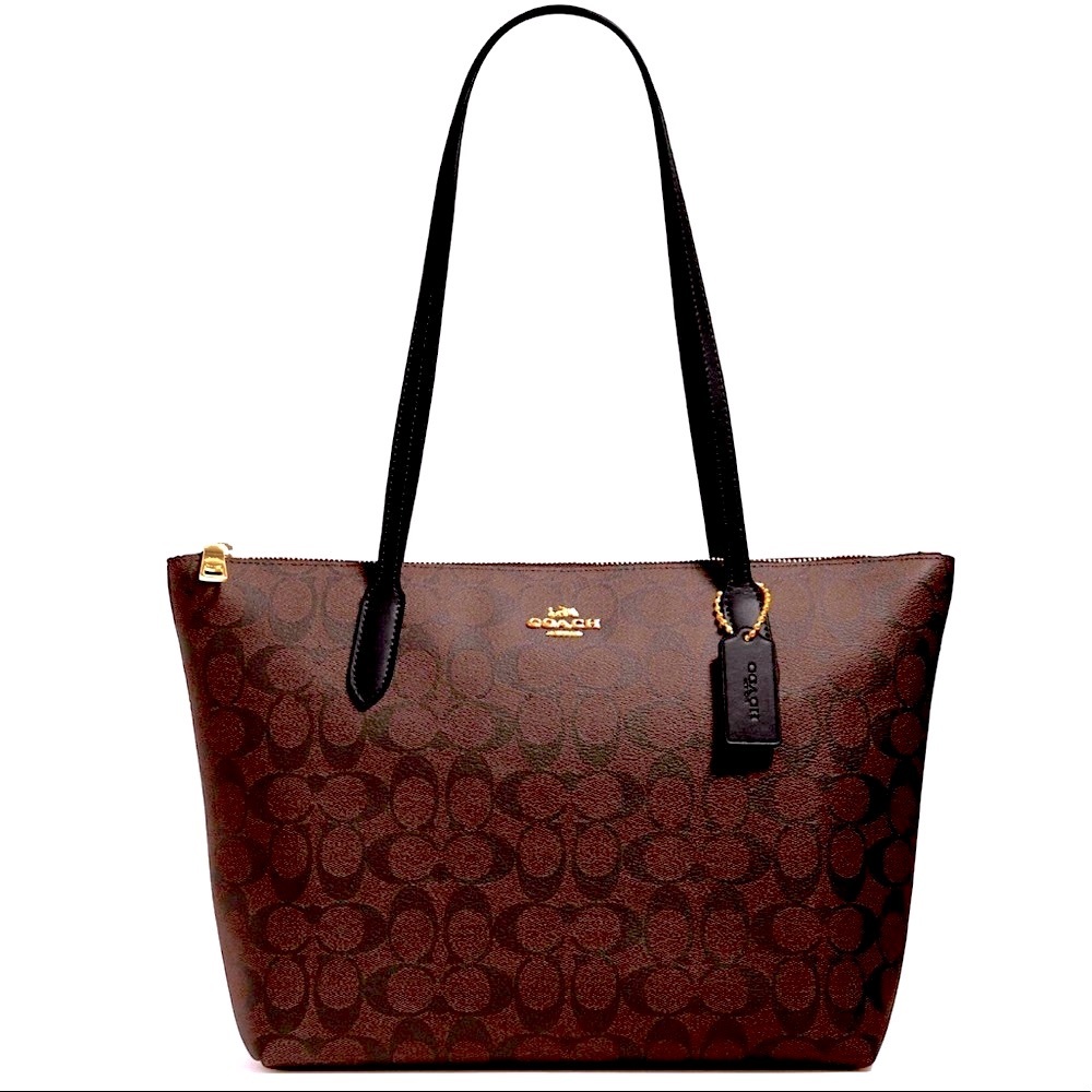 Coach Zip Top Tote in Black Brown Signature Canvas NWT